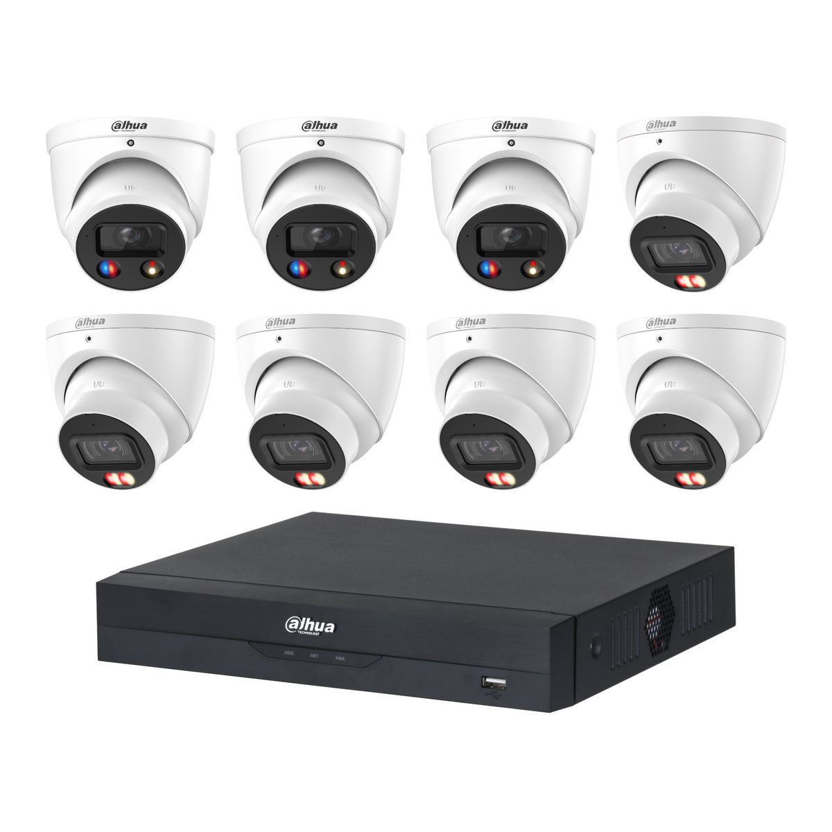 Dahua CCTV kit: 3 × HDW3649H-S2 6MP TiOC S2 + 5 × HDW3667EM 6MP Smart Dual Light, all white, with one NVR4108 8-channel PoE recorder; no HDD