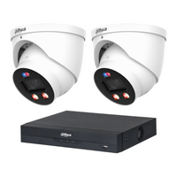 Dahua CCTV kit: 2 × HDW3649H-PRO 6MP WizColor TiOC PRO, all white, with one NVR4104 4-channel PoE recorder; no HDD