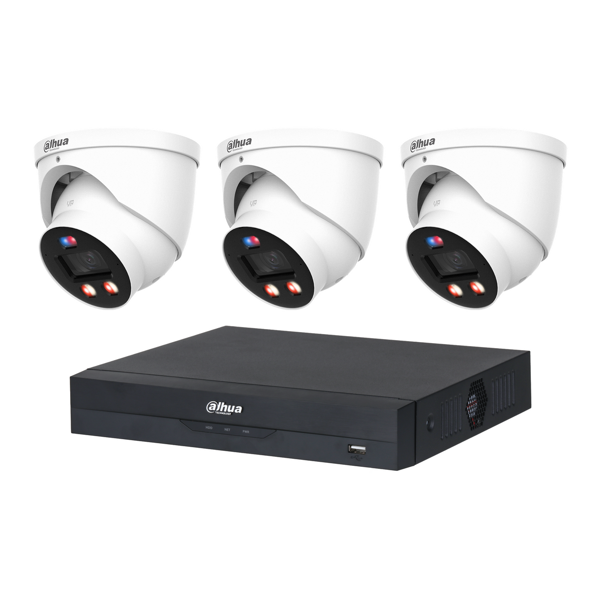 Dahua CCTV kit: 3 × HDW3649H-PRO 6MP WizColor TiOC PRO, all white, with one NVR4104 4-channel PoE recorder; no HDD