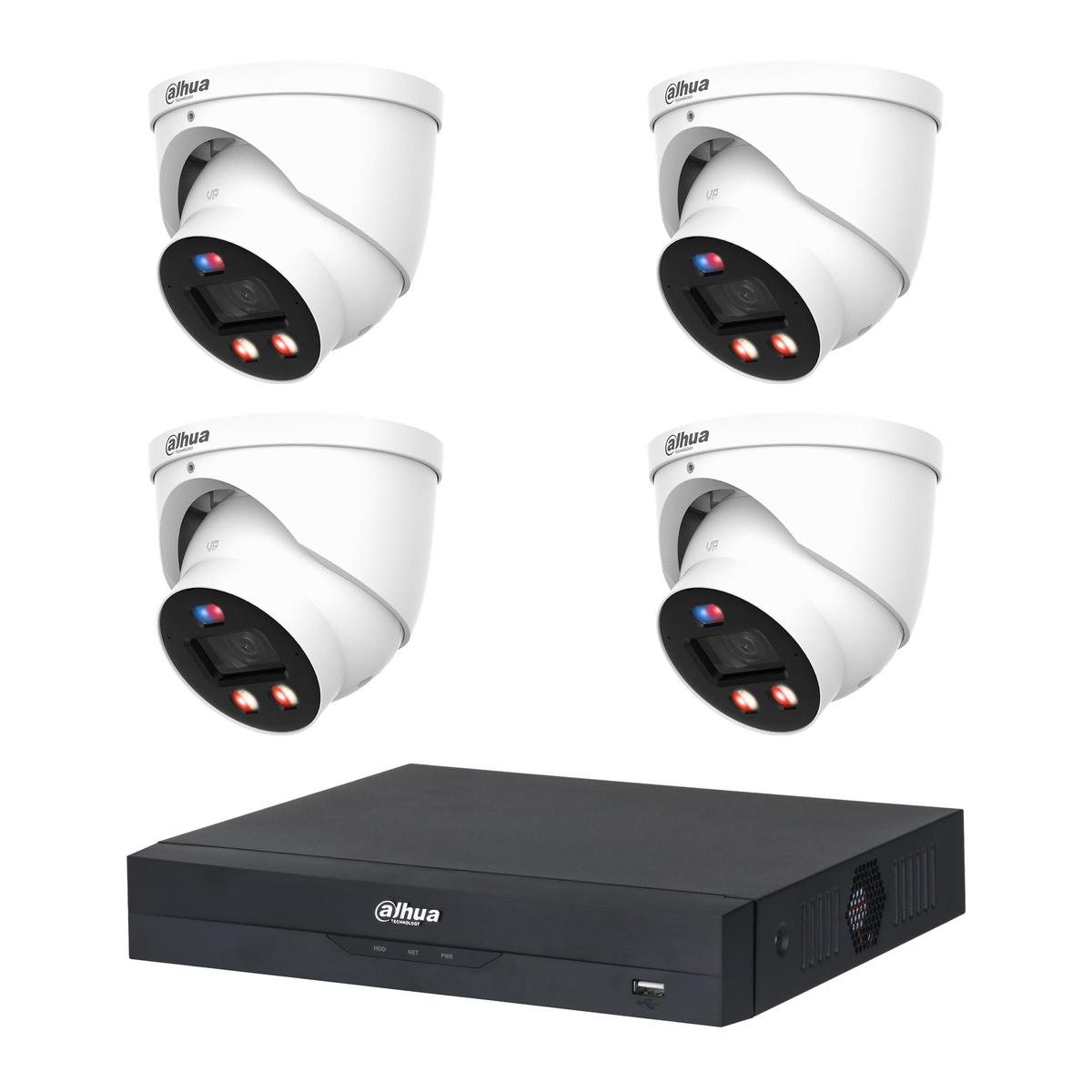 Dahua CCTV kit: 4 × HDW3649H-PRO 6MP WizColor TiOC PRO, all white, with one NVR4104 4-channel PoE recorder; no HDD
