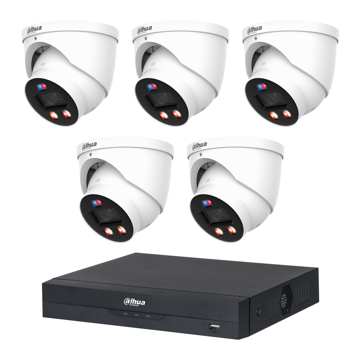Dahua CCTV kit: 5 × HDW3649H-PRO 6MP WizColor TiOC PRO, all white, with one NVR4108 8-channel PoE recorder; no HDD
