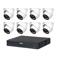 Dahua CCTV kit: 8 × HDW3649H-PRO 6MP WizColor TiOC PRO, all white, with one NVR4108 8-channel PoE recorder; no HDD