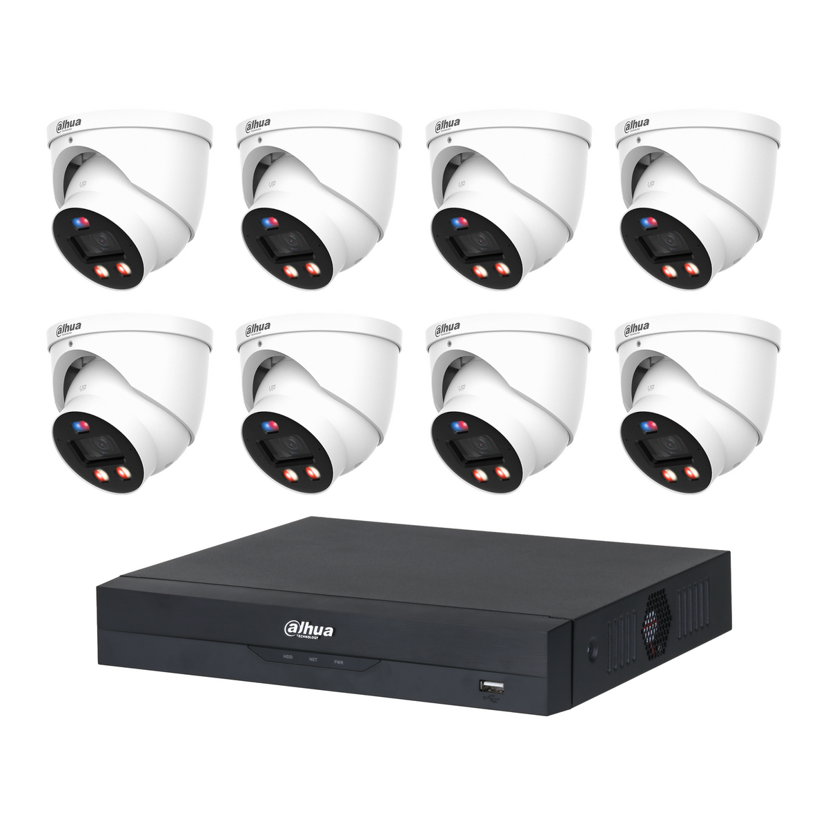 Dahua CCTV kit: 8 × HDW3649H-PRO 6MP WizColor TiOC PRO, all white, with one NVR4108 8-channel PoE recorder; no HDD