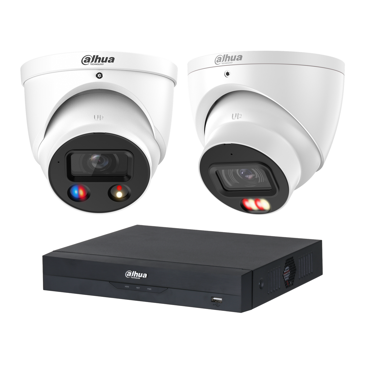 Dahua CCTV kit: 1 × HDW3649H-S2 6MP TiOC S2 + 1 × HDW3667EM 6MP Smart Dual Light, all white, with one NVR4104 4-channel PoE recorder; no HDD