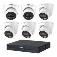 Dahua CCTV kit: 2 × HDW3649H-S2 6MP TiOC S2 + 4 × HDW3667EM 6MP Smart Dual Light, all white, with one NVR4108 8-channel PoE recorder; no HDD