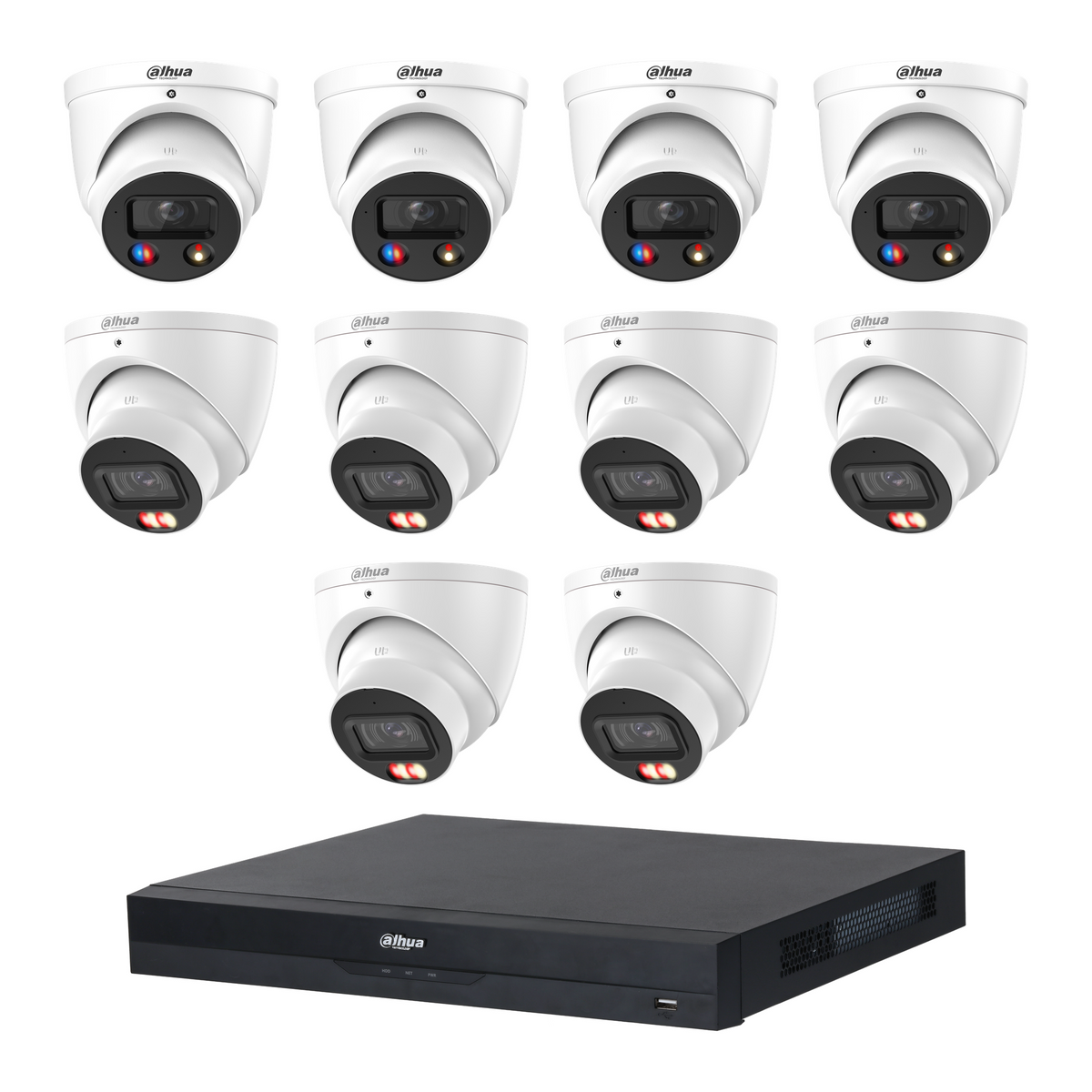 Dahua CCTV kit: 4 × HDW3649H-S2 6MP TiOC S2 + 6 × HDW3667EM 6MP Smart Dual Light, all white, with one NVR4216 16-channel PoE recorder; no HDD