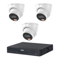 Dahua CCTV kit: 3 × HDW3667EM 6MP Smart Dual Light, all white, with one NVR4104 4-channel PoE recorder; no HDD