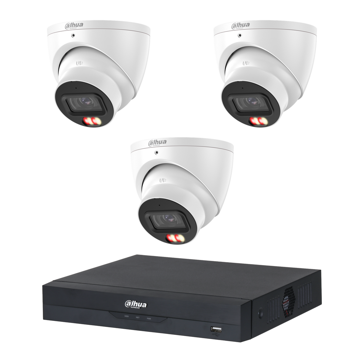 Dahua CCTV kit: 3 × HDW3667EM 6MP Smart Dual Light, all white, with one NVR4104 4-channel PoE recorder; no HDD
