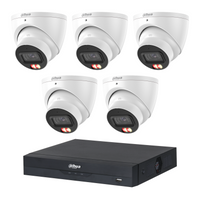 Dahua CCTV kit: 5 × HDW3667EM 6MP Smart Dual Light, all white, with one NVR4108 8-channel PoE recorder; no HDD