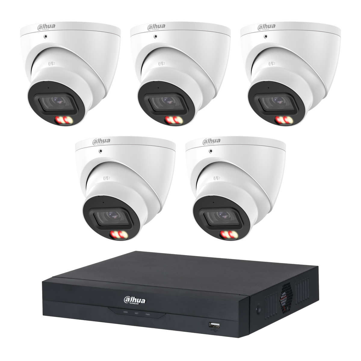 Dahua CCTV kit: 5 × HDW3667EM 6MP Smart Dual Light, all white, with one NVR4108 8-channel PoE recorder; no HDD