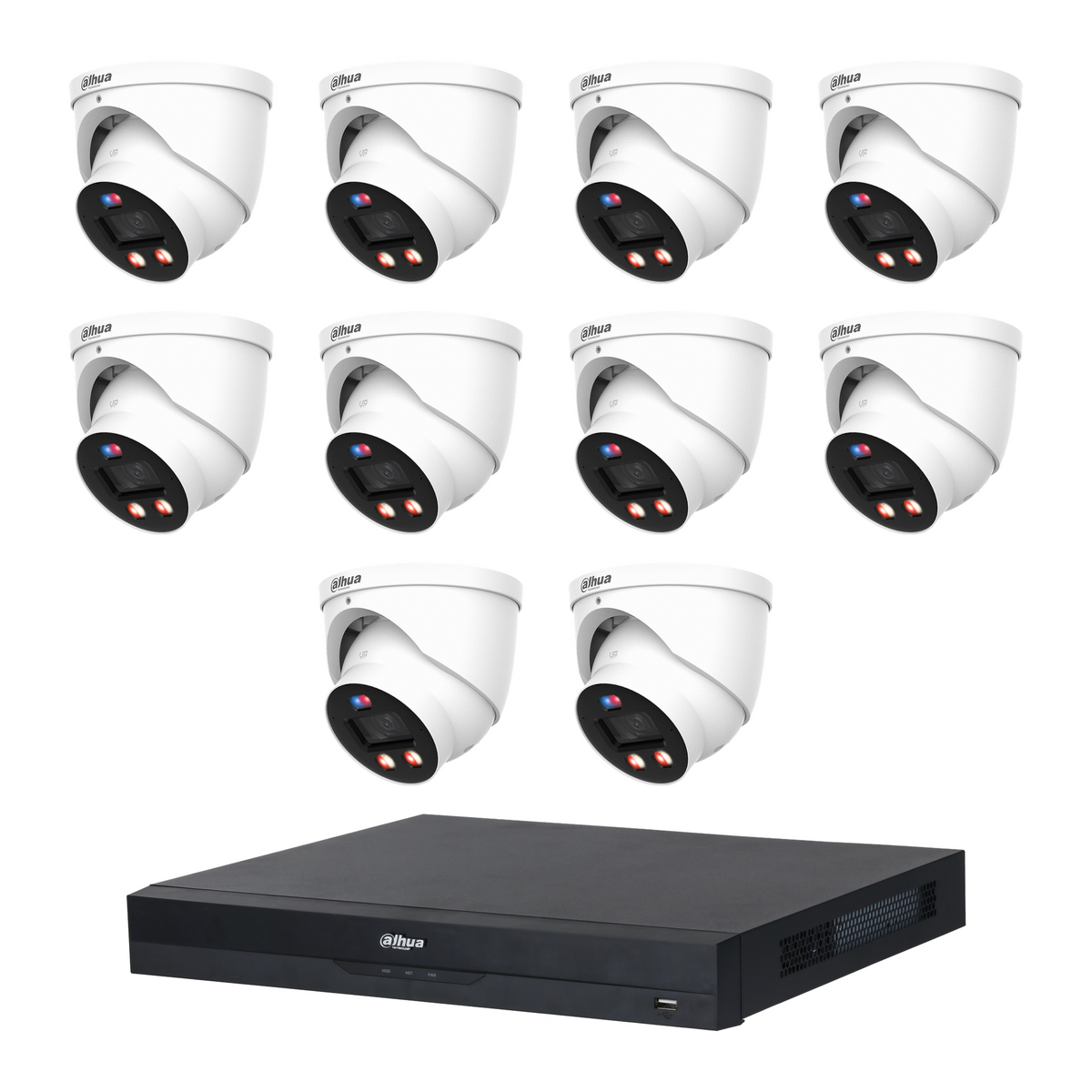 Dahua CCTV kit: 10 × HDW3849H-PRO 8MP WizColor TiOC PRO, all white, with one NVR4216 16-channel PoE recorder; no HDD