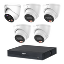 Dahua CCTV kit: 1 × HDW3849H-PRO 8MP WizColor TiOC PRO + 4 × HDW3867EM 8MP Smart Dual Light, all white, with one NVR4108 8-channel PoE recorder; no HDD