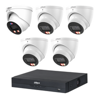 Dahua CCTV kit: 1 × HDW3849H-PRO 8MP WizColor TiOC PRO + 4 × HDW3867EM 8MP Smart Dual Light, all white, with one NVR4108 8-channel PoE recorder; no HDD