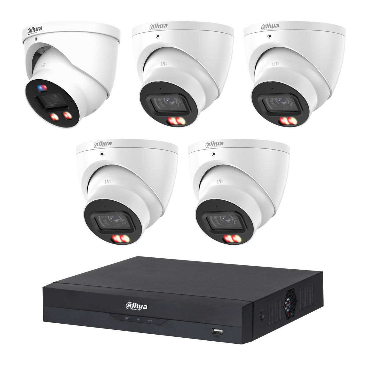 Dahua CCTV kit: 1 × HDW3849H-PRO 8MP WizColor TiOC PRO + 4 × HDW3867EM 8MP Smart Dual Light, all white, with one NVR4108 8-channel PoE recorder; no HDD