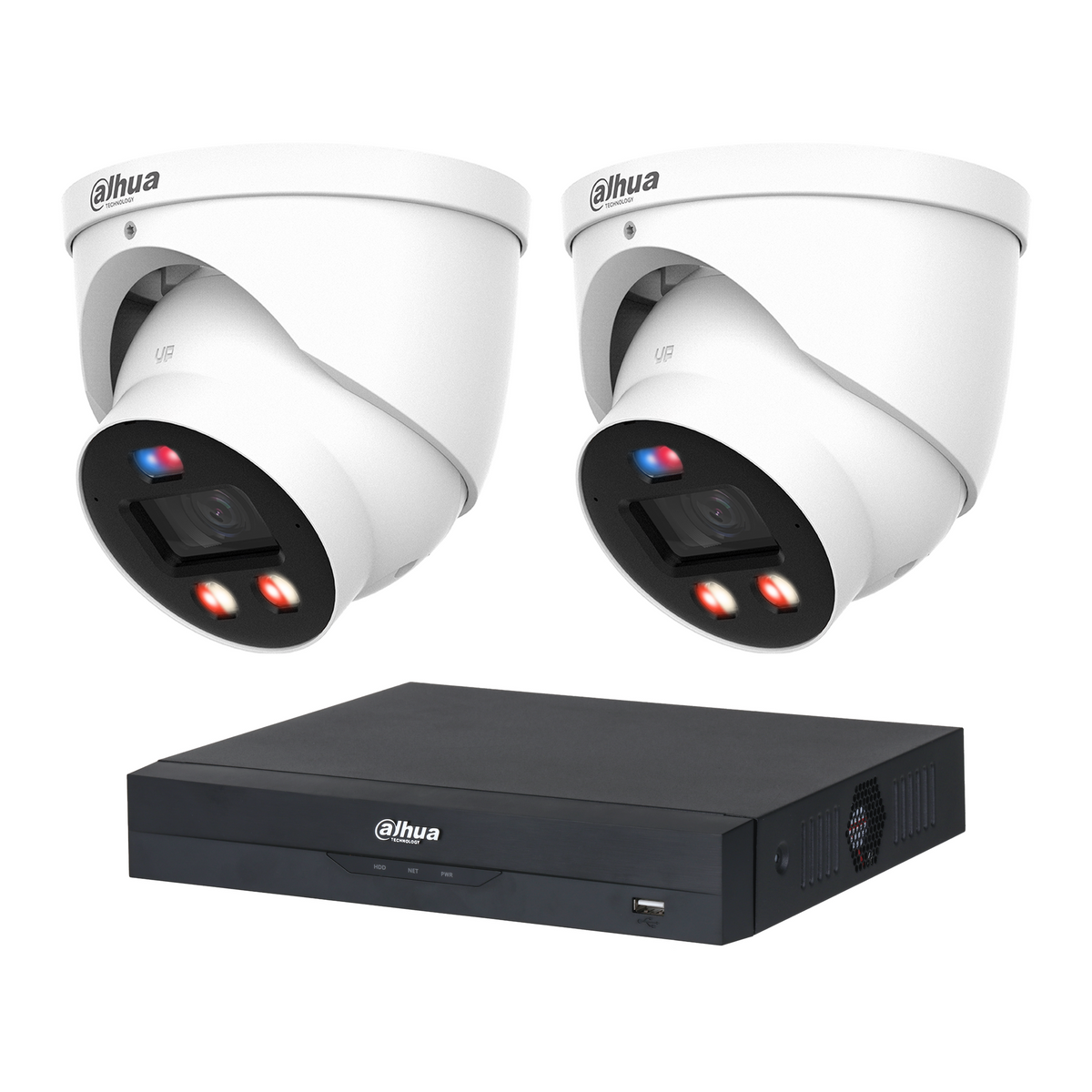 Dahua CCTV kit: 2 × HDW3849H-PRO 8MP WizColor TiOC PRO, all white, with one NVR4104 4-channel PoE recorder; no HDD