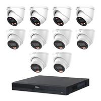 Dahua CCTV kit: 4 × HDW3849H-PRO 8MP WizColor TiOC PRO + 6 × HDW3867EM 8MP Smart Dual Light, all white, with one NVR4216 16-channel PoE recorder; no HDD