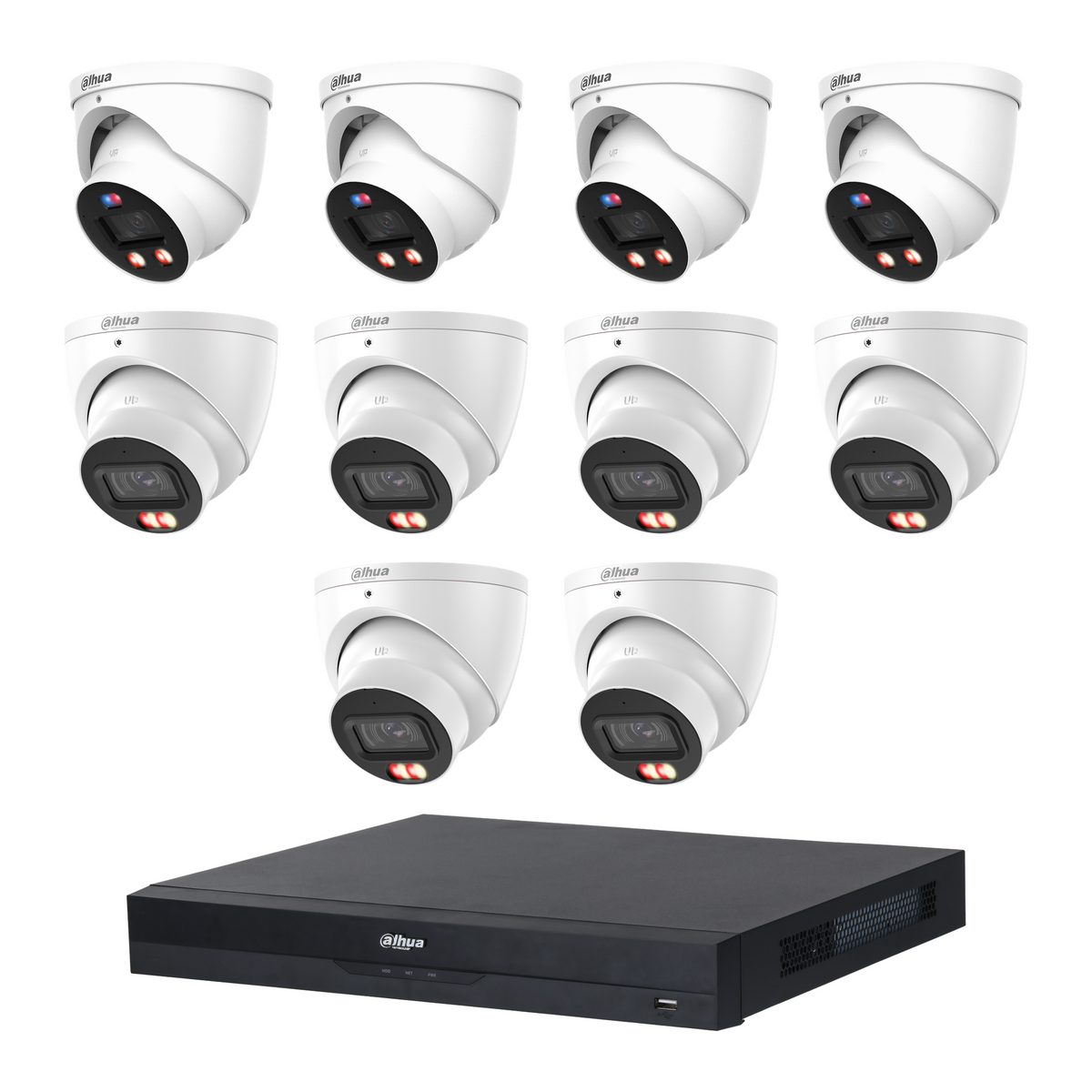 Dahua CCTV kit: 4 × HDW3849H-PRO 8MP WizColor TiOC PRO + 6 × HDW3867EM 8MP Smart Dual Light, all white, with one NVR4216 16-channel PoE recorder; no HDD