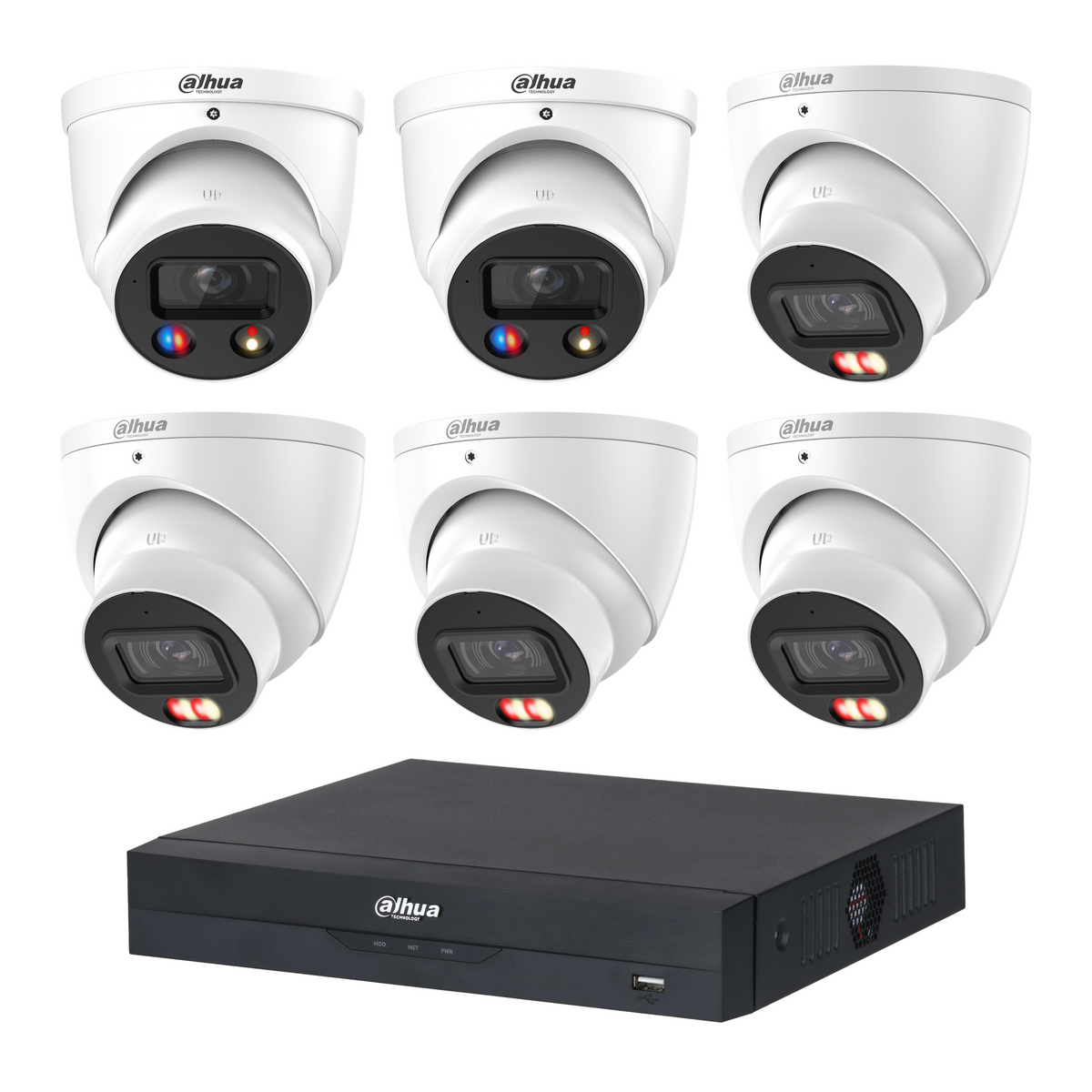 Dahua CCTV kit: 2 × HDW3849H-S2 8MP TiOC S2 + 4 × HDW3867EM 8MP Smart Dual Light, all white, with one NVR4108 8-channel PoE recorder; no HDD