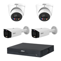 Dahua CCTV kit: 2 × HDW3849H-S2 8MP TiOC S2 + 2 × HFW3849T1-S2 8MP TiOC S2, all white, with one NVR4104 4-channel PoE recorder; no HDD