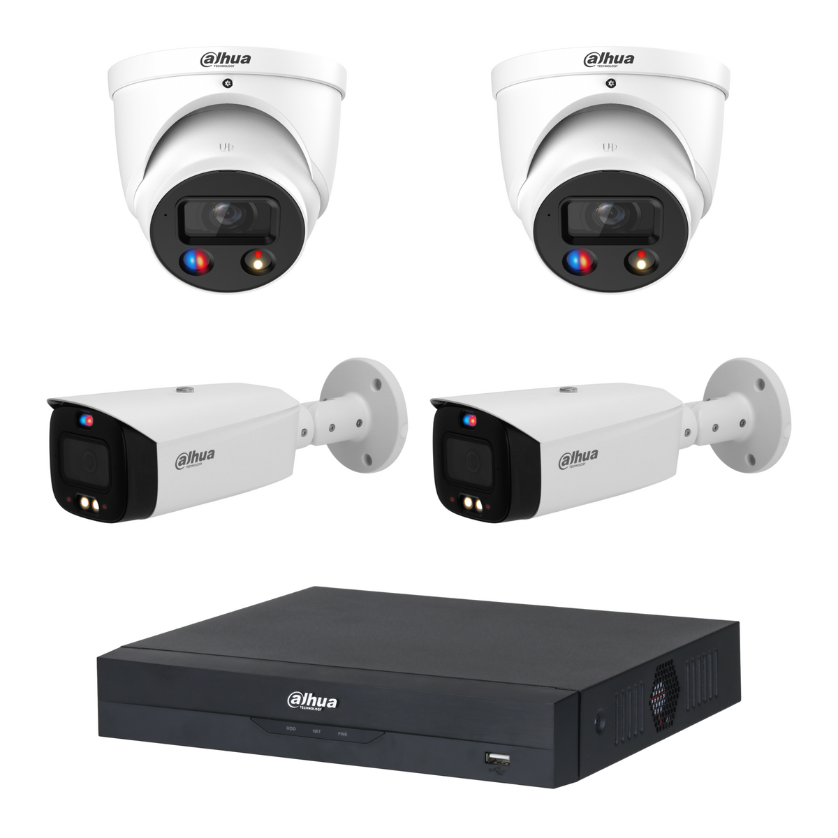 Dahua CCTV kit: 2 × HDW3849H-S2 8MP TiOC S2 + 2 × HFW3849T1-S2 8MP TiOC S2, all white, with one NVR4104 4-channel PoE recorder; no HDD