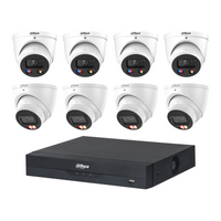 Dahua CCTV kit: 4 × HDW3849H-S2 8MP TiOC S2 + 4 × HDW3867EM 8MP Smart Dual Light, all white, with one NVR4108 8-channel PoE recorder; no HDD