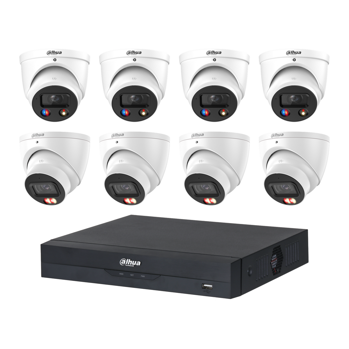 Dahua CCTV kit: 4 × HDW3849H-S2 8MP TiOC S2 + 4 × HDW3867EM 8MP Smart Dual Light, all white, with one NVR4108 8-channel PoE recorder; no HDD