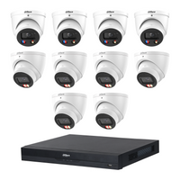 Dahua CCTV kit: 4 × HDW3849H-S2 8MP TiOC S2 + 6 × HDW3867EM 8MP Smart Dual Light, all white, with one NVR4216 16-channel PoE recorder; no HDD