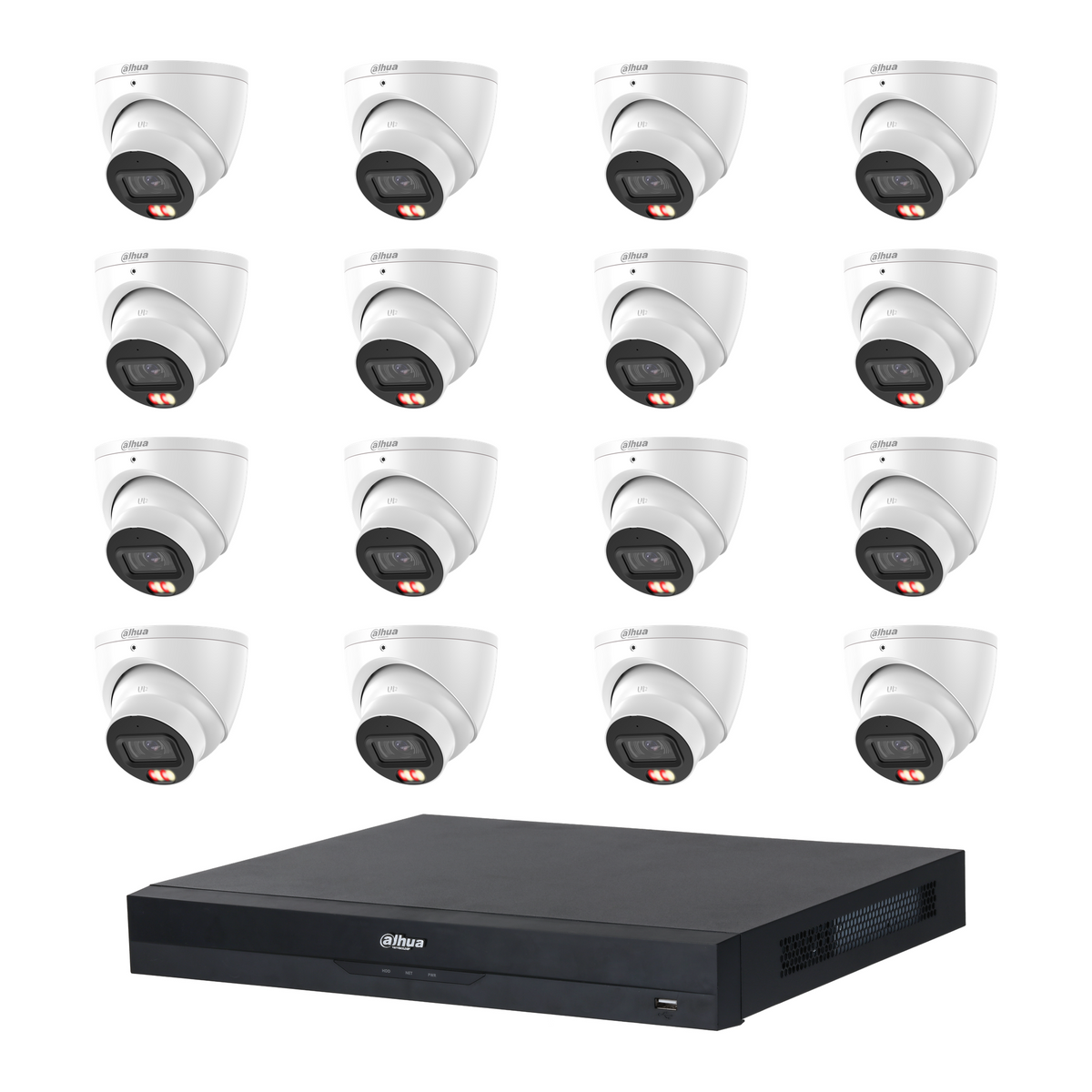 Dahua CCTV kit: 16 × HDW3867EM 8MP Smart Dual Light, all white, with one NVR4216 16-channel PoE recorder; no HDD