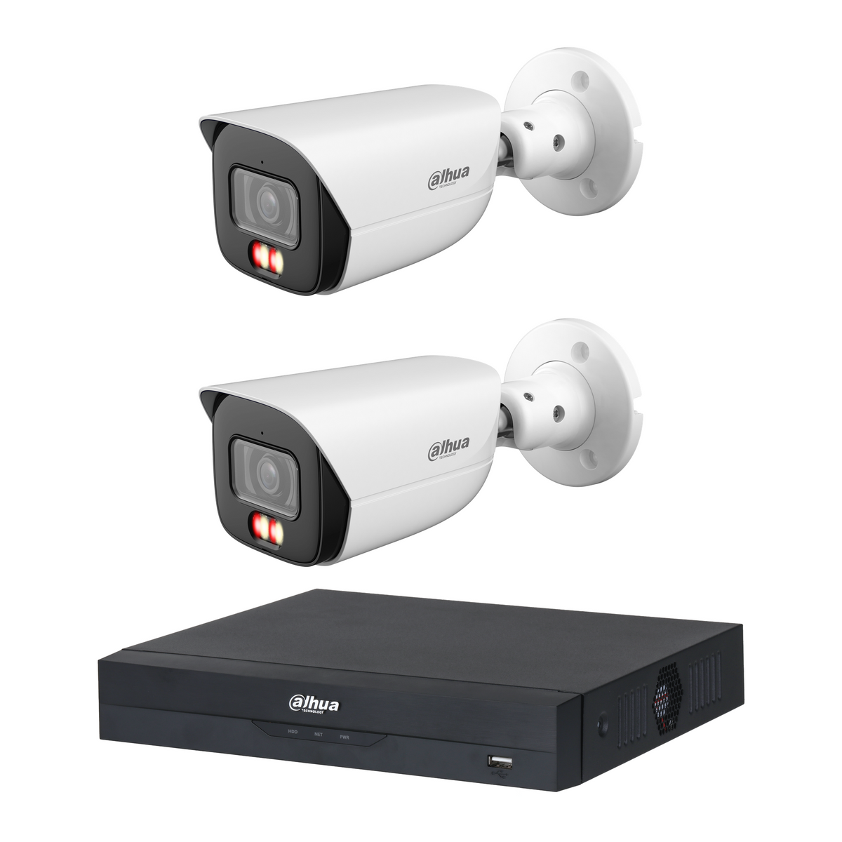 Dahua CCTV kit: 2 × HFW3667E 6MP Smart Dual Light, all white, with one NVR4104 4-channel PoE recorder; no HDD