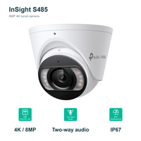 KIT-S485-4CAM-4CH-WD2TB: S485 camera close-up with 8MP 4K, two-way audio and IP67 icons