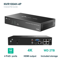 KIT-S485-4CAM-4CH-WD2TB: 4CH NVR front and rear connectors, PoE+ ports, 4K HDMI and included WD 2TB