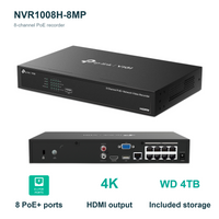 KIT-S485-6CAM-8CH-WD4TB: 8CH NVR front and rear connectors, PoE+ ports, 4K HDMI and included WD 4TB