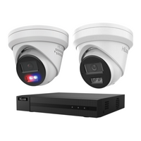 HiLook CCTV kit: 1 × T269H-SL 6MP Smart Dual Light with red/blue warning + 1 × T361H 6MP Intelligent Dual IR, all white, with one NVR104C 4-channel PoE recorder; no HDD