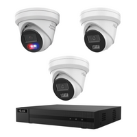 HiLook CCTV kit: 1 × T269H-SL 6MP Smart Dual Light with red/blue warning + 2 × T361H 6MP Intelligent Dual IR, all white, with one NVR104C 4-channel PoE recorder; no HDD