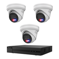 HiLook CCTV kit: 3 × T269H-SL 6MP Smart Dual Light with red/blue warning, all white, with one NVR104C 4-channel PoE recorder; no HDD