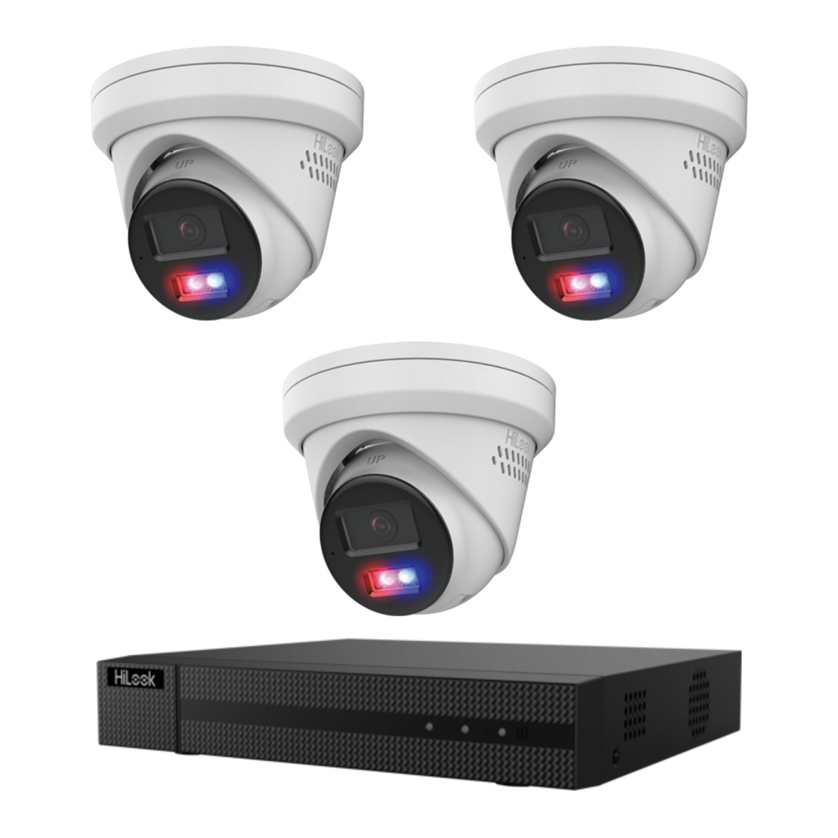 HiLook CCTV kit: 3 × T269H-SL 6MP Smart Dual Light with red/blue warning, all white, with one NVR104C 4-channel PoE recorder; no HDD