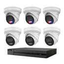 HiLook CCTV kit: 3 × T269H-SL 6MP Smart Dual Light with red/blue warning + 3 × T361H 6MP Intelligent Dual IR, all white, with one NVR108C 8-channel PoE recorder; no HDD