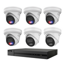 HiLook CCTV kit: 4 × T269H-SL 6MP Smart Dual Light with red/blue warning + 2 × T361H 6MP Intelligent Dual IR, all white, with one NVR108C 8-channel PoE recorder; no HDD