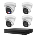 HiLook CCTV kit: 1 × T289H-SL 8MP Smart Dual Light with red/blue warning + 3 × T381H 8MP Intelligent Dual IR, all white, with one NVR104C 4-channel PoE recorder; no HDD