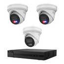 HiLook CCTV kit: 2 × T289H-SL 8MP Smart Dual Light with red/blue warning + 1 × T381H 8MP Intelligent Dual IR, all white, with one NVR104C 4-channel PoE recorder; no HDD