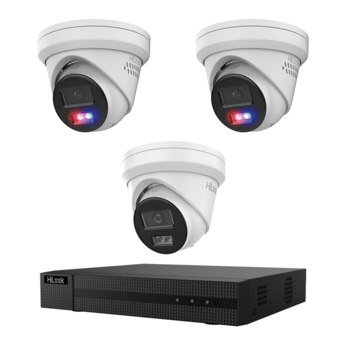 HiLook CCTV kit: 2 × T289H-SL 8MP Smart Dual Light with red/blue warning + 1 × T381H 8MP Intelligent Dual IR, all white, with one NVR104C 4-channel PoE recorder; no HDD