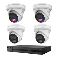 HiLook CCTV kit: 2 × T289H-SL 8MP Smart Dual Light with red/blue warning + 2 × T381H 8MP Intelligent Dual IR, all white, with one NVR108C 8-channel PoE recorder; no HDD