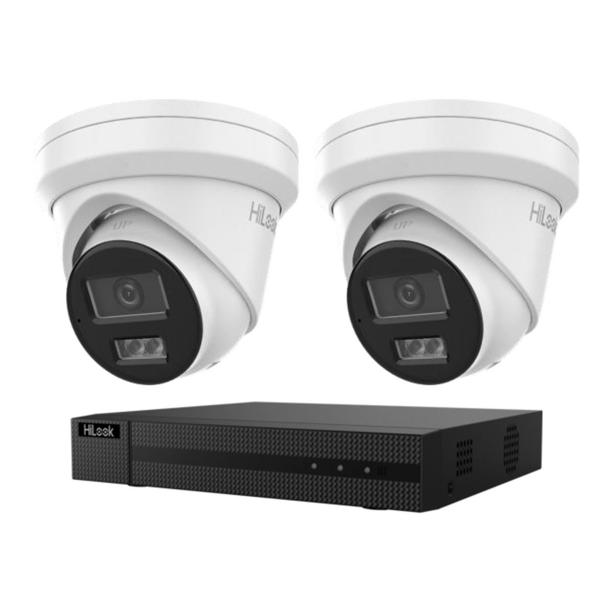 HiLook CCTV kit: 2 × T361H 6MP Intelligent Dual IR, all white, with one NVR104C 4-channel PoE recorder; no HDD