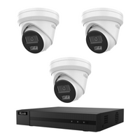 HiLook CCTV kit: 3 × T361H 6MP Intelligent Dual IR, all white, with one NVR104C 4-channel PoE recorder; no HDD