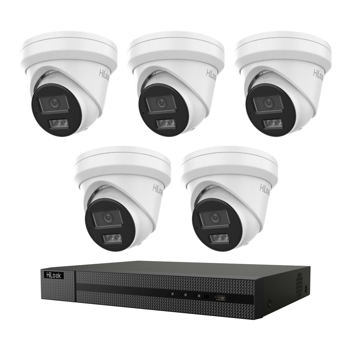 HiLook CCTV kit: 5 × T361H 6MP Intelligent Dual IR, all white, with one NVR108C 8-channel PoE recorder; no HDD