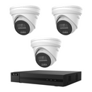 HiLook CCTV kit: 3 × T363H 6MP Smart Hybrid Light, all white, with one NVR104C 4-channel PoE recorder; no HDD