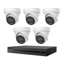HiLook CCTV kit: 5 × T363H 6MP Smart Hybrid Light, all white, with one NVR108C 8-channel PoE recorder; no HDD