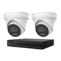 HiLook CCTV kit: 2 × T383H 8MP Smart Hybrid Light, all white, with one NVR104C 4-channel PoE recorder; no HDD