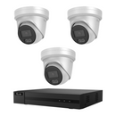 HiLook CCTV kit: 3 × T561H 6MP Hi-Color white-light imaging, all white, with one NVR104C 4-channel PoE recorder; no HDD