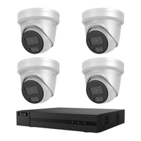 HiLook CCTV kit: 4 × T561H 6MP Hi-Color white-light imaging, all white, with one NVR104C 4-channel PoE recorder; no HDD